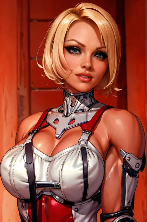 short red dress, undercut platinum bobcut blonde hair, beautiful detailed eyes, beautiful detailed lips, small breasts, fit and muscular physique, short hair, confident expression, strong and capable posture,  cybernetic enhancements