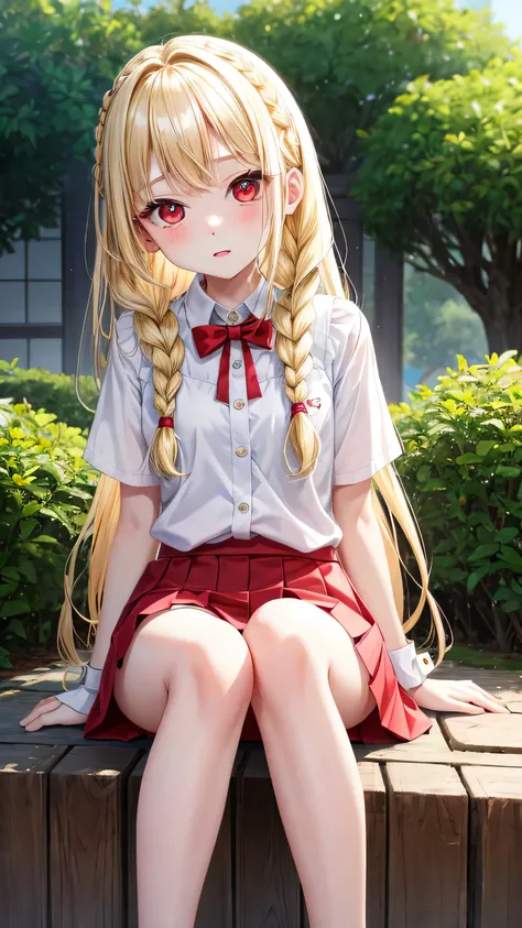 I&#39;m 11 years old、blonde、Braid、red eyes、1 cute girl、alone、and soul、、mini skirt、透き通るwhite skin、white skin、beautiful skin、beautiful feet、slim leg park、sit on top