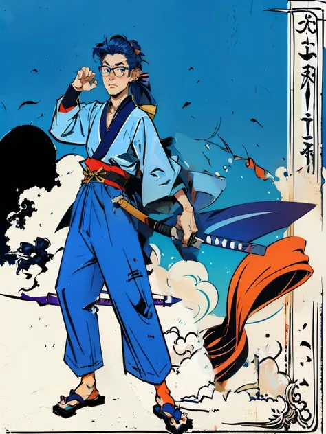 21 year old japanese blue haired boy with a pony tail, glasses and a katana