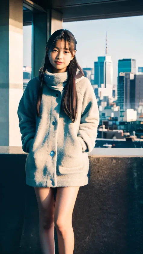 Photoreal, 8k Full Length Portrait, Beautiful woman, attractive appearance, clear division, 16 years old, Tokyo, winter, With Shibuya in the background