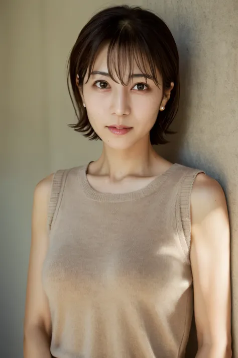 Ultra Real, High Definition, 8K, High Definition, Best Photo, Skinny Japanese lady, Beautiful Detailed Eyes, Best Quality, Ultra Detail, Masterpiece, Detailed Face, Sweaty, Upper Body Up, Short Hair, Sleeveless Sweater, Alone, Small breasts, Camel toe