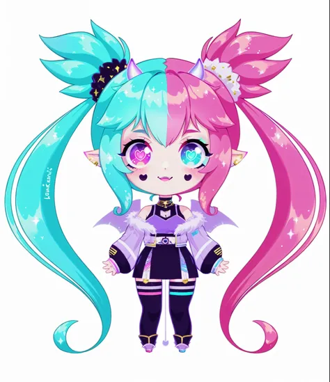 ((best quality)), (hair split pink blue), longs ponytails, glitch, female, neon, outfit cyberpunk, purple, gold, purple horns, demons wings, happy face, succube