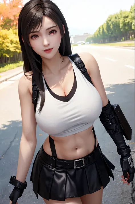 (top quality, masterpiece), (((FF7,Tifa_lockhart))), (((suspender, tank tops, A dark-haired, length hair, elbowgloves))), ((Beautiful detailed red eyes)), (Beautiful highlights of red eyes)), Facial light, navel, High exposure, (((tight mini-skirt))), Expo...