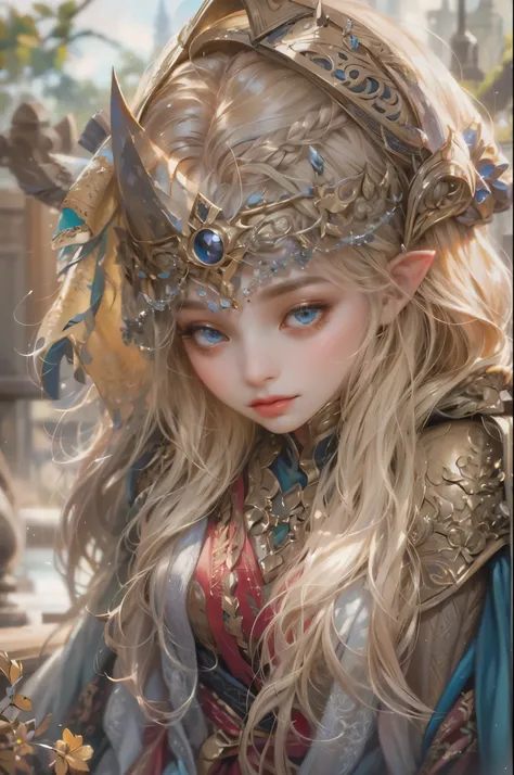 a close up of a doll with a helmet on a wooden table, hyperdetailed fantasy character, portrait of very beautiful elf, karol bak uhd, portrait of an elf queen, fantasy artist, elf princess, fantasy art style, beautiful elf with ornate robes, the style of w...