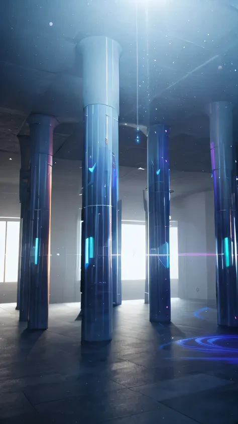 Print the pillars with a laser on a 3D printing device，This device comes with blue holographic particles，Blue waves appear on the pillars.，optical technology ,SF