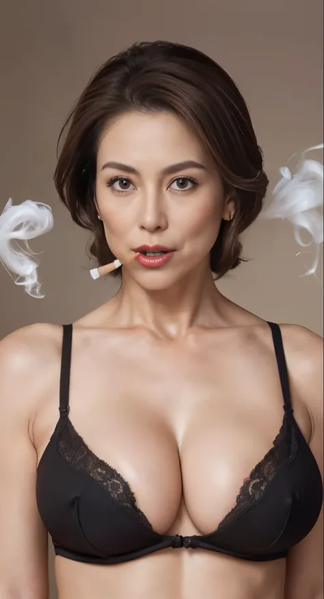 High resolution, High level image quality, high detail, masterpiece, rough skin, anatomically correct, sharp, gray background((japanese mature, 70 years old)), alone, ((facial wrinkles)), (((((good shape big breasts, Straight light brown hair that reaches ...