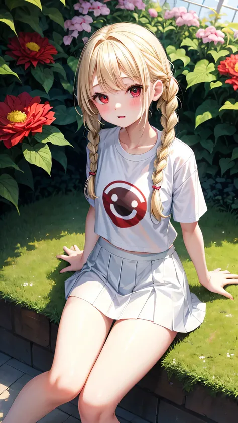 I&#39;m 11 years old、blonde、Braid、red eyes、1 cute girl、alone、and soul、white t-shirt、mini skirt、white panties、透き通るwhite skin、white skin、beautiful skin、beautiful feet、slim legs、garden、sit on top