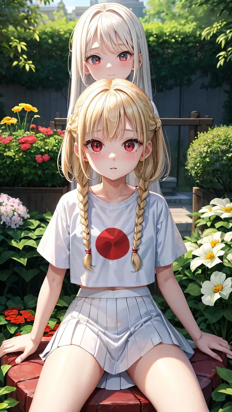 I&#39;m 11 years old、blonde、Braid、red eyes、1 cute girl、alone、and soul、white t-shirt、mini skirt、white panties、透き通るwhite skin、white skin、beautiful skin、beautiful feet、slim legs、garden、sit on top