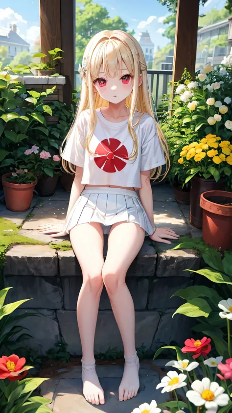 I&#39;m 11 years old、blonde、medium long hair、red eyes、1 cute girl、alone、and soul、white t-shirt、mini skirt、white panties、透き通るwhite skin、white skin、beautiful skin、beautiful feet、slim legs、garden、sit on top