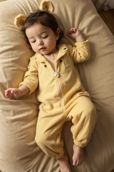 cute little baby in yellow romper suit sleeps on its side on a big beige teddy bear