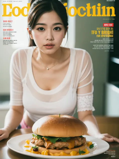 Beautiful cook，Food magazine cover，bright picture，8k，masterpiece，Super fine，Film effect，grainy，Realism