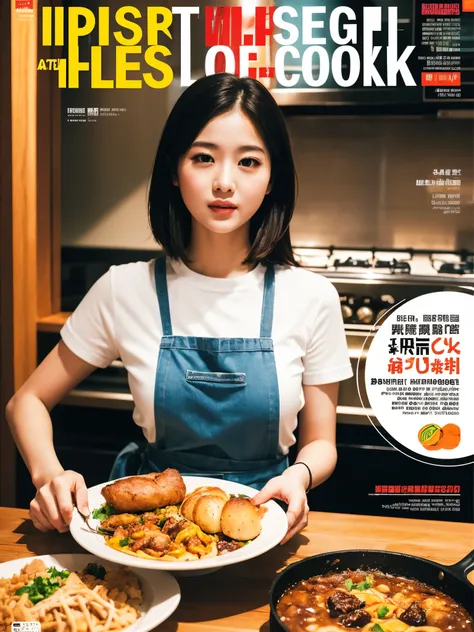 Beautiful cook，Western food，Food magazine cover，bright picture，8k，masterpiece，Super fine，Film effect，grainy，Reality is waiting to begin 
