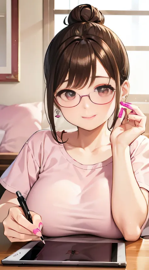 highest quality、downward、Drawing on a tablet、Hold the pen tablet in your right hand、((round eyes))、Glasses、light brown hair、Her hair is tied in a bun at the top of her head.、(((pink nails)))、grated bangs、broad shoulders、smile、clothed big breasts、short slee...