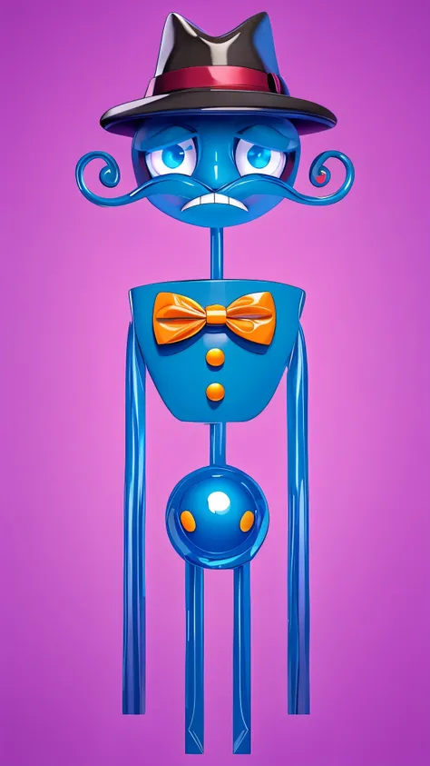 plastic cartoon character with hat, bow tie and blue suit, 3d character made of plastic, with character designs, Beautiful character design, 3D rendering stylized, iconic character, Anthropomorphic character, Stylized 3D, Colorful humanoid character, smoot...