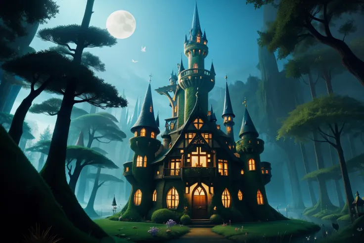 Fairytale Kingdom of Fantasia. In a magical forest, a witch castle shaped like a hand, each finger a tower, and windows in the shape of eyes.