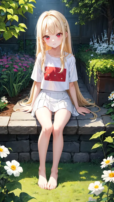 I&#39;m 11 years old、blonde、medium long hair、red eyes、two cute girls、alone、and soul、white t-shirt、mini skirt、white panties、透き通るwhite skin、white skin、beautiful skin、beautiful feet、slim legs、garden、sit on top