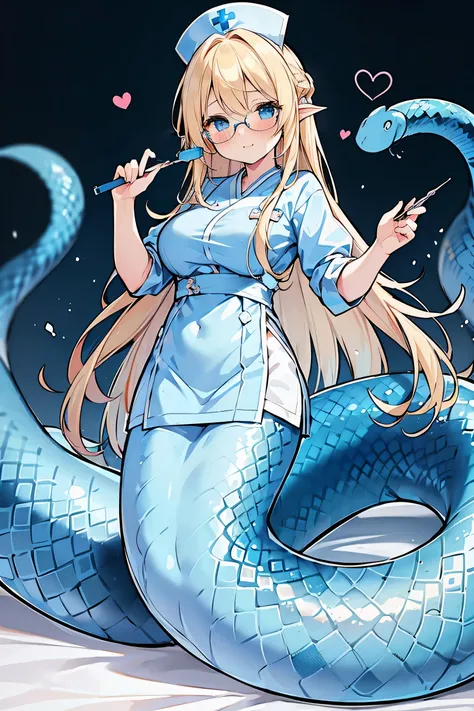 masterpiece, best quality,a girl,Lamia,Blue snake tail,long golden hair,blue eyes,Nurse,Nurse服,Glasses,full-body shot,charming脸, Oval face(kawaii, charming,soft)