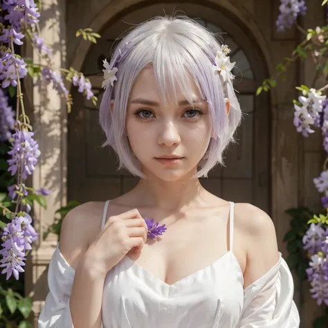 A anime character with a medium short white hair covering her purple eyes. Wearing a long wavey dress and holding a wisteria flower with a soft expression on her face.