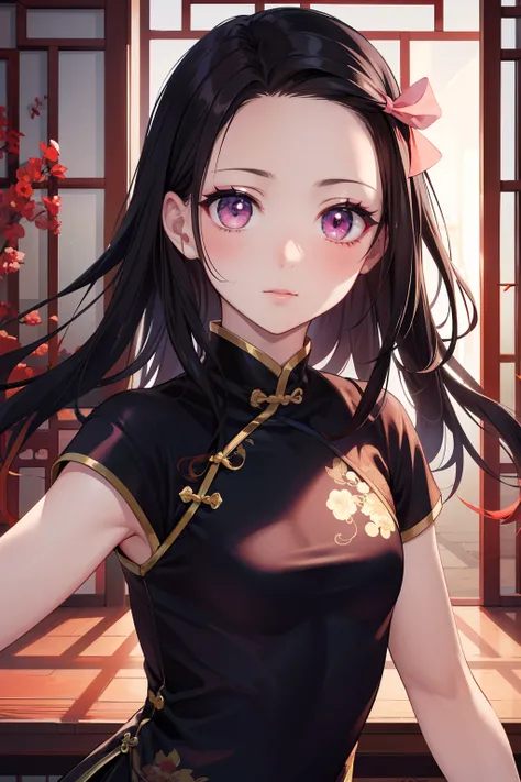 master piece, best quality, 8k, ultra high resolution, highest quality, anime style, best writing, beautiful face, masterpiece,Pink ribbon on hair, fascinating face, good lighting, low cut, small details, masterpiece, shining eyes, pink eyes, 1 girl, black...