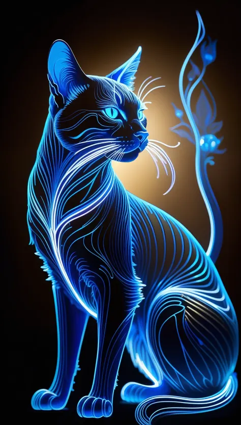 sketching with a silver pen, on a dark background, blue electric charges form a stylized silhouette of a electric cat, biolumine...