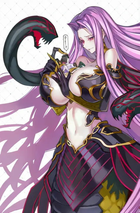 eine Nahaufnahme einer Frau mit langen Haaren, holds a snake, Anime monster girl, Lamia, Queen of Dragons, Feine Details. Anime. Tentakel, dark queen of snakes, Schuppen bedeckten ihre Brust, Drachenkönigin, Dragon Girl, Beautiful succubus, Edelgard-Feuere...