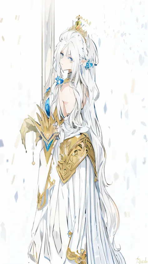 Anime-Zeichnung einer Frau mit Schwert und Kleid, portrait Knight of the zodiac girl, Knight of the zodiac girl, ((a beautiful fantasy empress)), Elfenprinzessin Ritter, farbige Lineart, Beautiful androgynous prince, sehr detailliertes, exquisites Fanart, ...