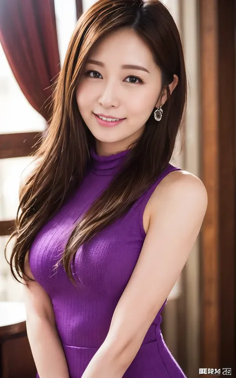 Highly detailed CG Unity 8k wallpaper, top quality, super detailed, masterpiece, realistic, photo realistic, (upper body:1.2), very detailed cute girl, 25 years old, huge breasts:1.2, purple high-neck dress, sleeveless dress, gorgeous, make up:1.5, earings...