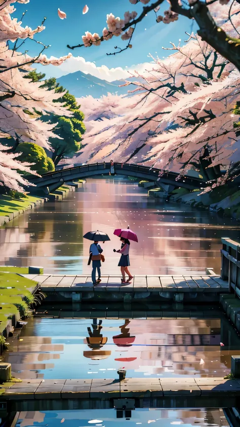 Two high school students, a boy and a girl, are standing on a wooden bridge that spans a tranquil stream. Cherry blossom petals drift gently on the breeze around them, creating a picturesque scene. The boy is holding an open umbrella over their heads, shie...