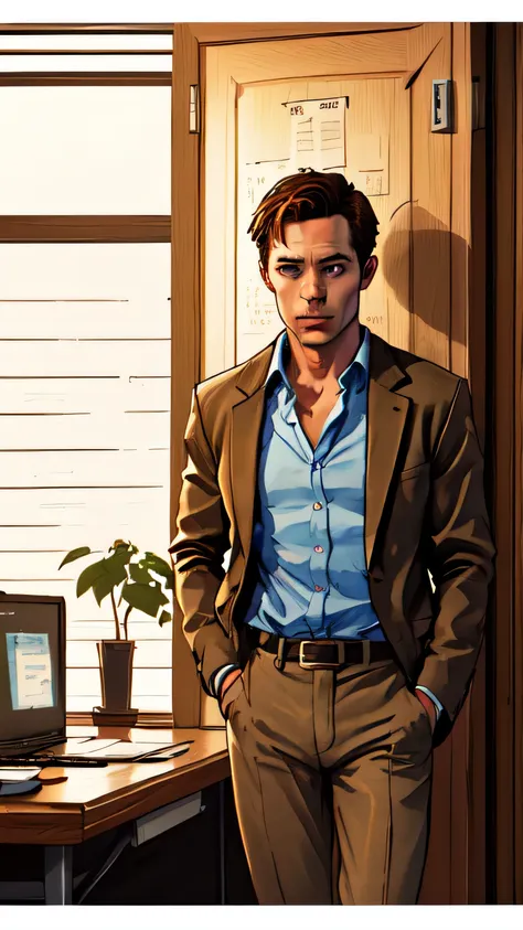 detective with light brown hair wearing a brown jacket., blue shirt, and brown trousers leans against the wall by the door in th...