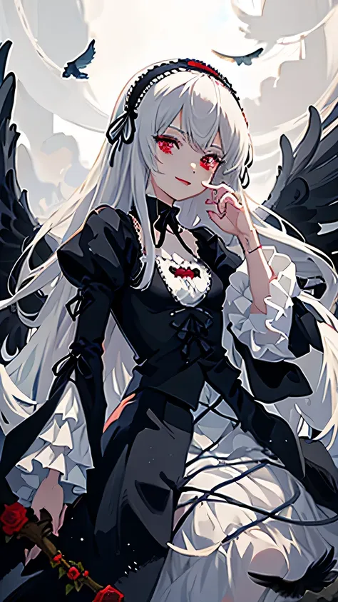 masterpiece， highest quality， highlight， SUI1， 1 girl， alone， redhead， red eyes， white long hair， naked， gray hair， rose hair ornament， ， gothic hair band， ribbon， ， Black wings ，（[grinning smile]），Moonlit night background