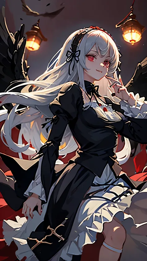 master piece， best quality， highlight， SUI1， 1 girl， solo， redhead， red eyes， white long hair， naked， white hair， rose hair ornament， ， gothic hair band， ribbon， ， Black wings ，（[grinning smile]），Background moonlit night