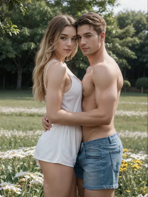 Casal num campo de flores de girassol, she is pregnant in a white dress and he is shirtless, muscular hugging her in denim shorts, in love, cute, the photo is realistic and they are blonde, she has beautiful hair, half up, he is shirtless, he is only weari...