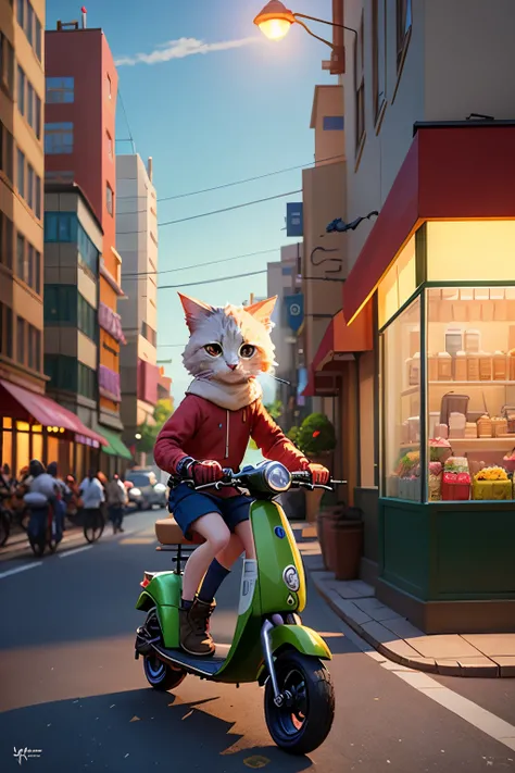 Type: Adorable humanoid kitten with a delivery pouch, Subject: Riding an electric scooter on urban streets for food delivery, Environment: A vibrant and lively urban landscape filled with colorful buildings and bustling crowds, Capture Medium: Digital pain...