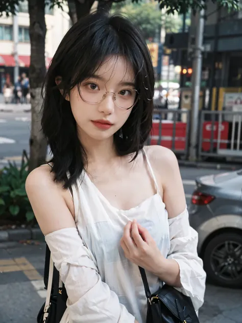 Film portrait photography, 1 girl, bare shoulders,lipstick，（flat chest：1.4）， wavy shoulder-length hair, wear glasses，White short sleeves，Carrying a bag，serene, calm, (Realistic and detailed eyes, natural skin texture, Realistic facial details), Soft dramat...