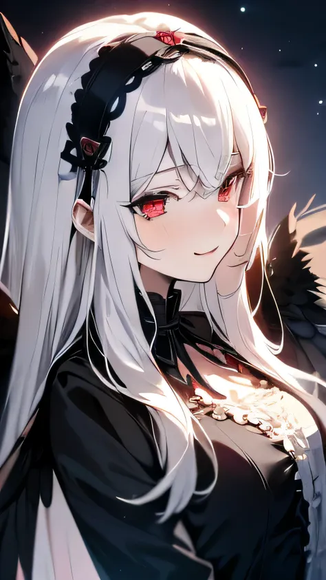 masterpiece， highest quality， highlight， SUI1， 1 girl， alone， redhead， red eyes， white long hair， naked， gray hair， rose hair ornament， ， gothic hair band， ribbon， ， Black wings ，（[grinning smile]），big moon in the background