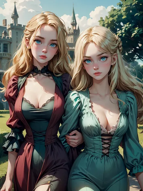 two girls, (Virginia Otis, 15 years old (blond hair, blue eyes)) pose with (16 years old Georgie Gerald (blond hair, green eyes)). Victorian style. thin, cute face, walks at night in Canterville Castle (inspired by the novel The Canterville Ghost). aged 18...