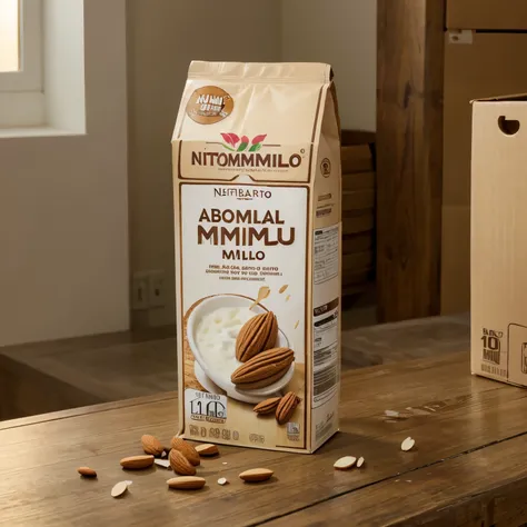 a hd picture of a box of almond milk, brand name is "Nutrialmo", on a table, with a low ambience warm lighting