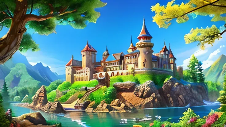 Cartoon of a beautiful castle，The owner of the castle was a kind and wise king。This kingdom has beautiful mountains and dense forests，People live peacefully and happily。
