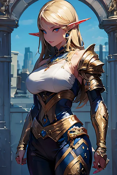 ((masterpiece, best quality)), (elf ears), female elf, female blonde muscular elf with blue eyes in knight armor, stunning chara...