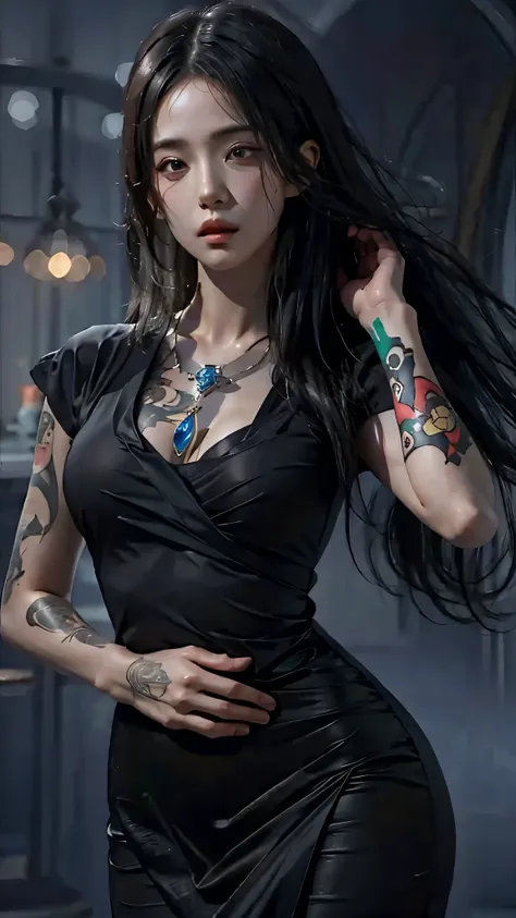 photorealistic, high resolution, soft light,1women, solo, hips up, (detailed face), jewelry, tattoo,black dress mafia clothing, black hair, super long hair, looking viewers, tatto, messy hair, close up, small breast, adult