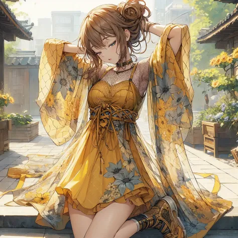 "(best quality,4k,ultra-detailed,realistic:1.37),cute anime style girl sitting on a bench, wearing a yellow dress, beautiful detailed eyes and lips, anime-style wife with an adorable outfit, stunning anime artwork with a yellow dress, trending on ArtStatio...