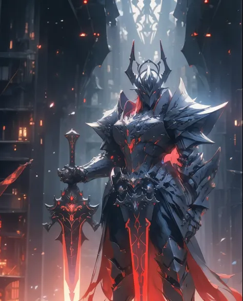arafed knight standing in a dark room with a sword, burnt armor, black fire color reflected armor, steampunk bioarmor, redwood forest themed armor, demonic dragon inspired armor, corrupted armor, gothic armor, black and reddish color armor, cyberpunk flame...