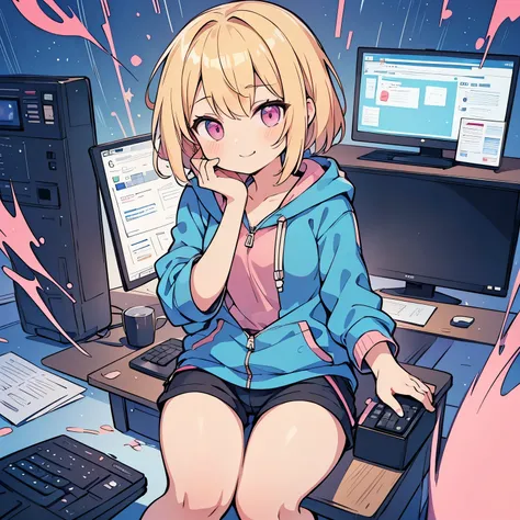 (blonde girl with short cut),(((sitting at a desk typing on a computer keyboard))),(((blue zip hoodie))),(((Pink inner))),(black hot pants),pink eyes,open your mouth, A sloppy smile, Full body Esbian,(Little),((((solo))),(Highest image quality, In 8K, mast...