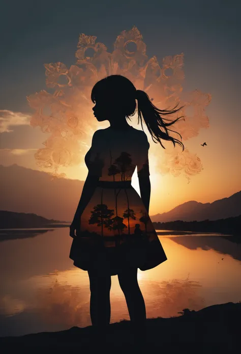 Silhouette Art of 1girl, multiple exposure, sunset, enhance, intricate, (best quality, masterpiece, Representative work, official art, Professional, unity 8k wallpaper:1.3)