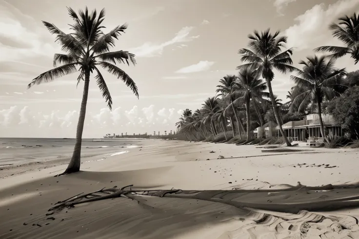 Palm trees lining a sandy shore