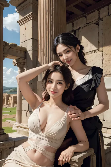 ancient roman sculpture,Ancient Roman ruins,Poussin-style landscape,A smile,,Sweet and seductive appearance.、Caravaggios paintings、Chiaroscuro of Caravaggio、Hair disheveled in the wind,Two women frolicking,Cute smile, Expression of ecstasy,A sexy,Erotic