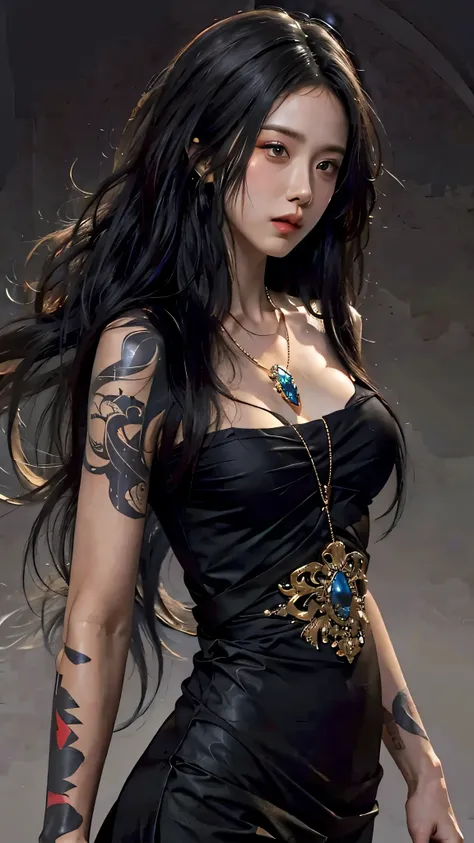 photorealistic, high resolution, soft light,1women, solo, hips up, (detailed face), jewelry, tattoo,black dress mafia clothing, black hair, super long hair, looking viewers, tatto, messy hair, close up, small breast, adult