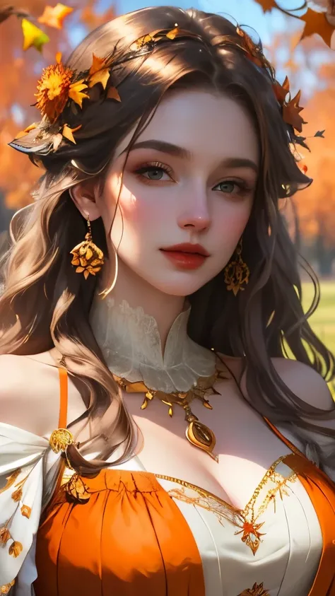 best quality, 8k, ultra-detailed, realistic, a woman with a pumpkin and a wreath of leaves in a field, the goddess of autumn harvest, goddess of autumn, beautiful autumn spirit, autumnal empress, karol bak uhd, autumn wind, renaissance autumnal,  earley, b...