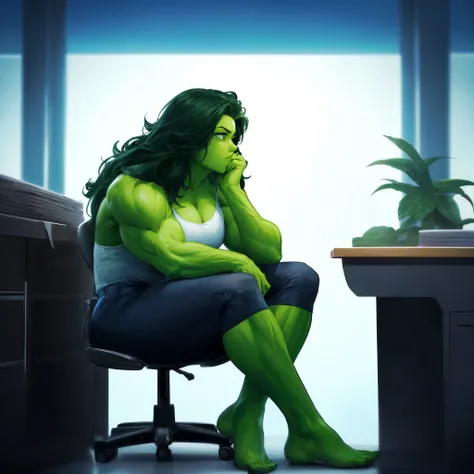 girl,best quality,green skin,hulk girl sitting on a chair in an office , she hulk, she - hulk, muscular female, alternate muscle size, hulking,muscular leg,thinking, portrait shot,  digital art, 