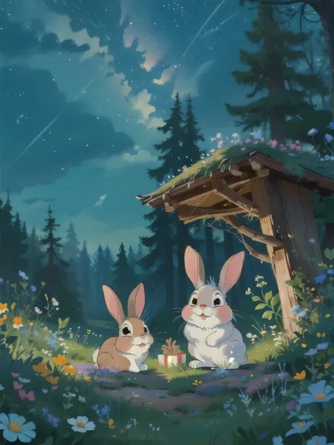 two rabbits，rabbit holding flowers and gifts，disney style，cartoon，masterpiece，best quality